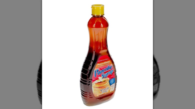 A bottle of Harvest Hill Butter Flavor Pancake Syrup