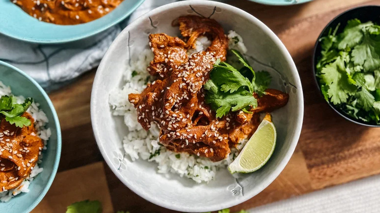 Slow cooker chicken mole in a bowl with rice