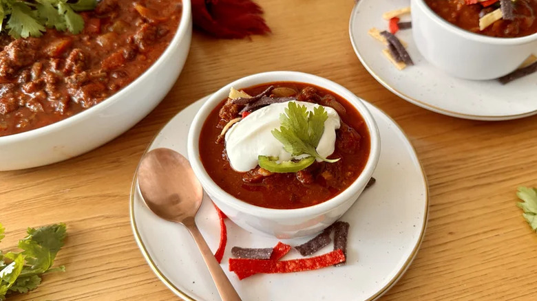Slow cooker beef chili on a plate