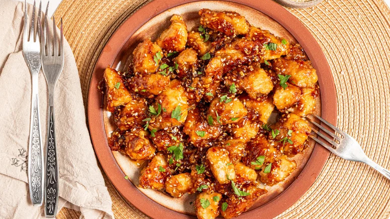 Sesame chicken on a plate