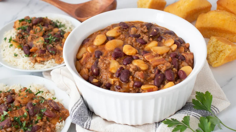 Beans in a ramekin with cornbread