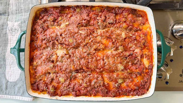 Cottage cheese lasagna in a casserole pan