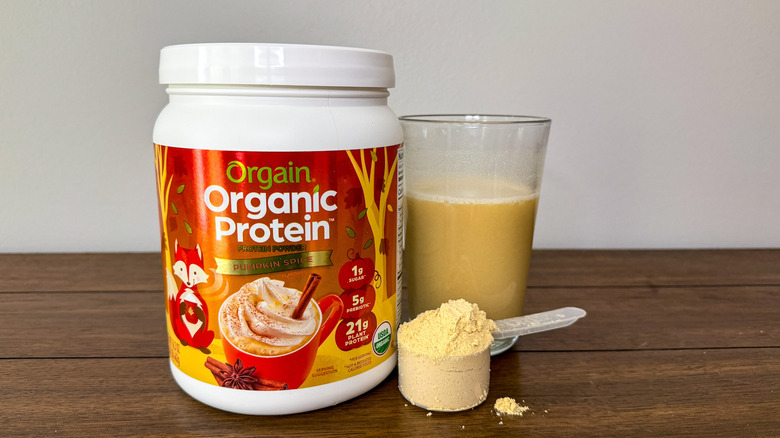 Container of pumpkin spice protein powder