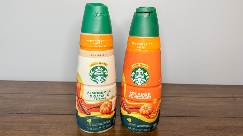 Bottles of Starbucks pumpkin spice latte coffee creamer
