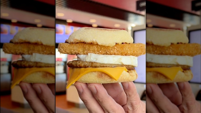 Hashbrown on a sausage egg and cheese McMuffin