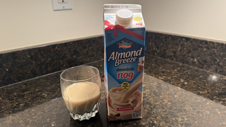 Almond Breeze almondmilk nog on counter
