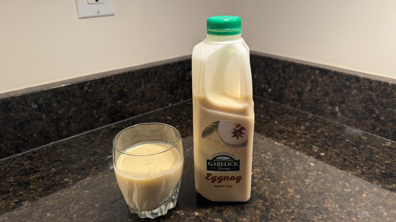 Garelick Farms eggnog bottle on countertop
