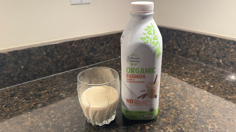 Nature's Promise organic eggnog on counter