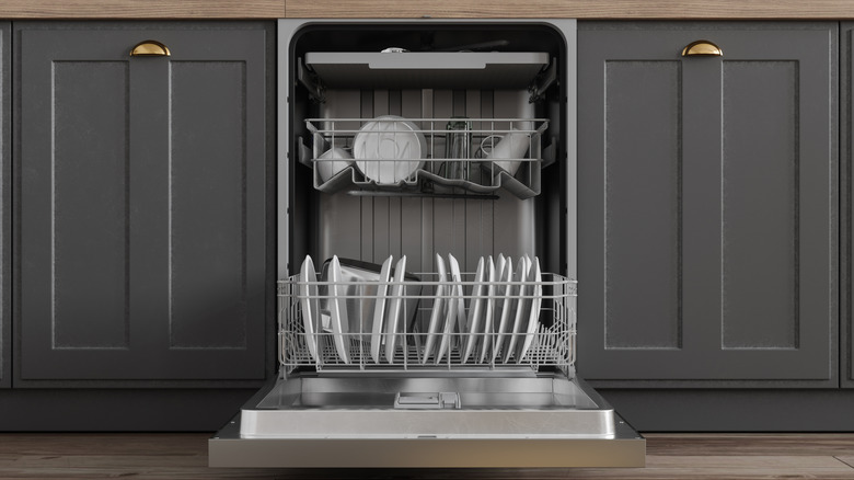 Neat, orderly dishwasher with open door and clean dishes