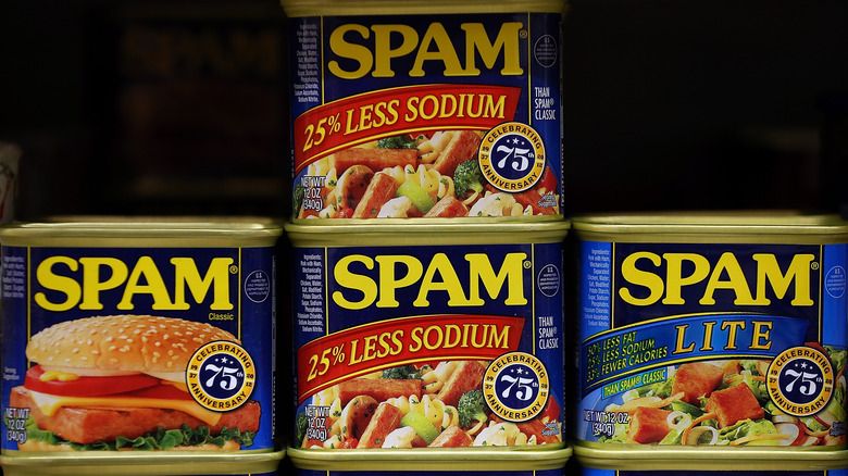Various cans of Spam on display.