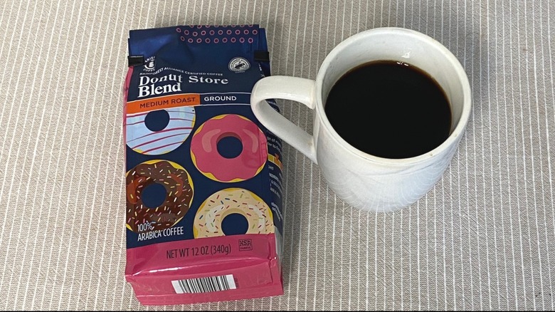 Aldi Donut Store coffee in a bag with a cup