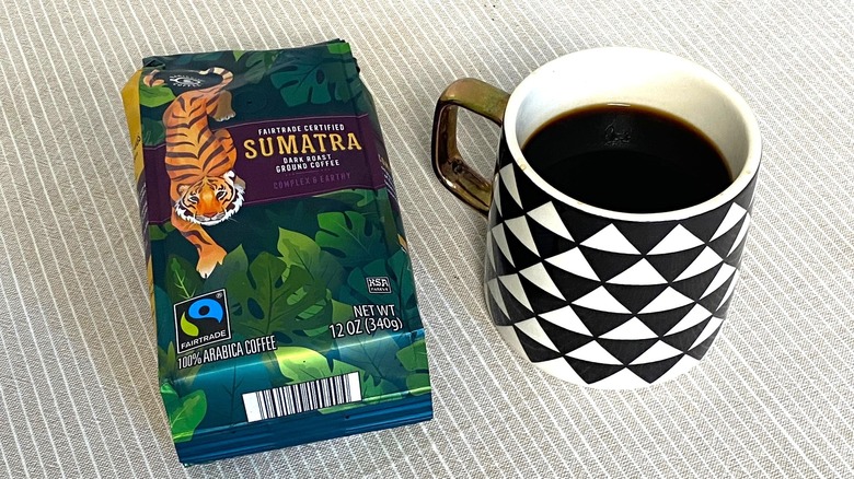Aldi Sumatra coffee bag with a full cup