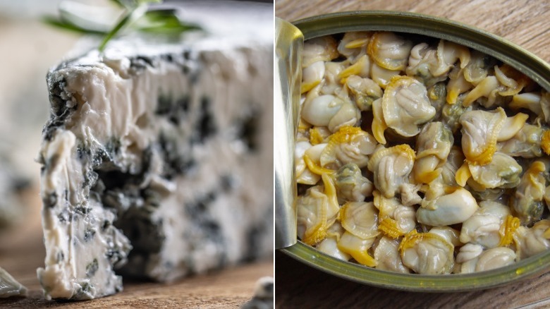 Blue cheese next to canned clams