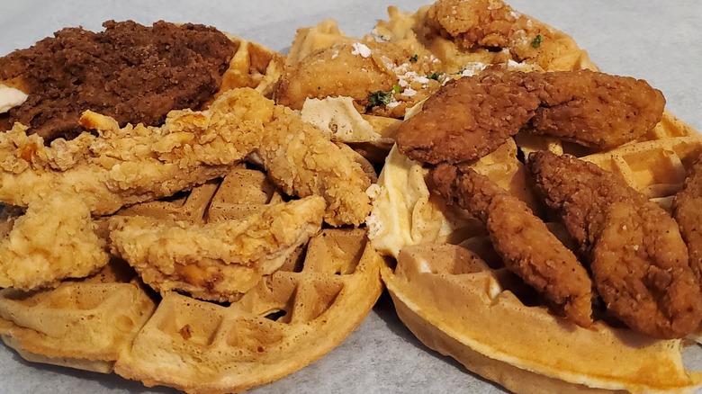Chicken and waffles from Tupelo Honey Cafe, Scramblers, IHOP, and Another Broken Egg Cafe.