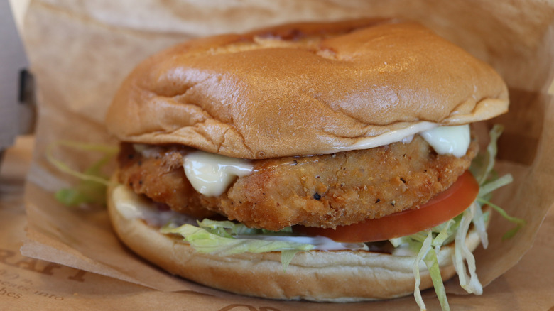 close up of Arby's chicken sandwich