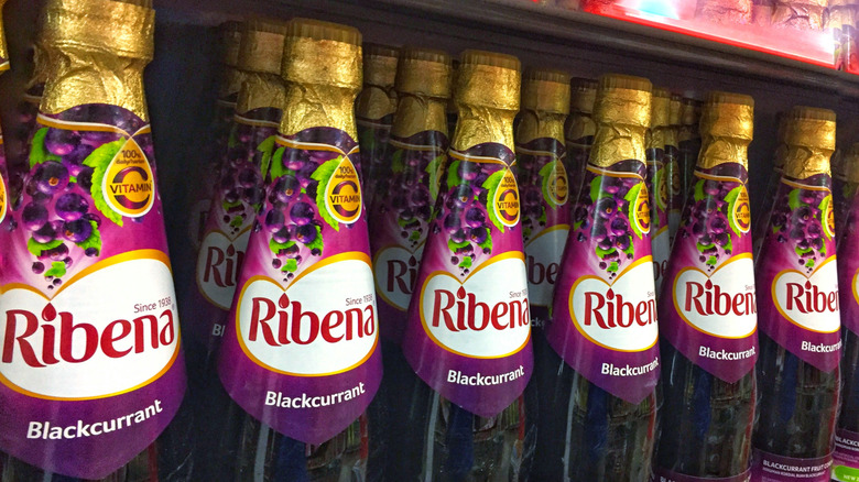 bottles of blackcurrant ribena on shelves