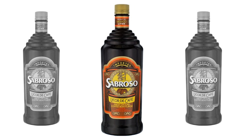 A bottle of Sabroso coffee liqueur, flanked by two black and white copies of the same bottle