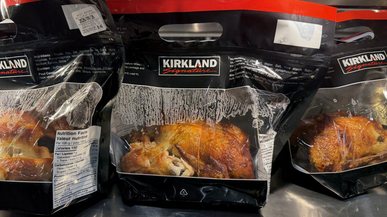 Kirkland Signature Rotisserie Chicken on a shelf.