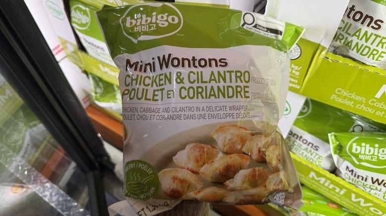 Hand holding package of Bibigo Chicken and Cilantro Mini Wontons