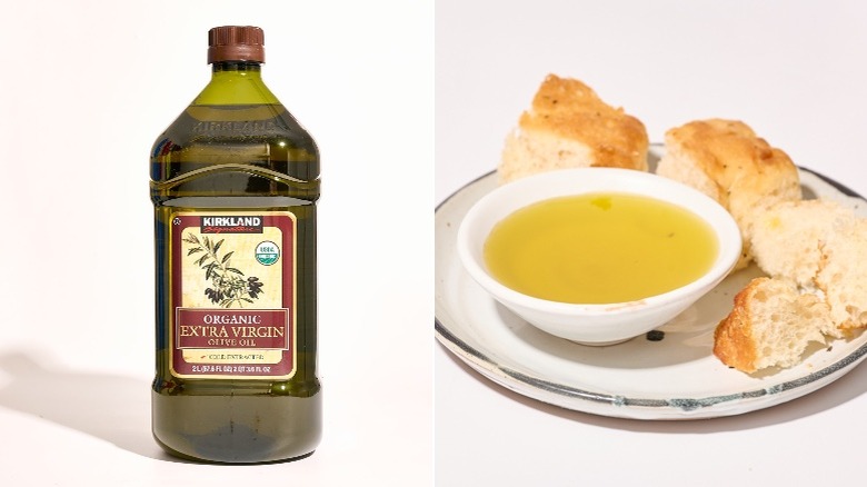 Bottle and bowl of Kirkland Signature Organic Extra Virgin Olive Oil on a white table