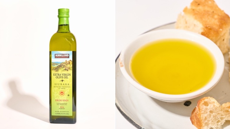 Glass bottle and bowl of Kirkland Signature Siurana Extra Virgin Olive Oil on a white table