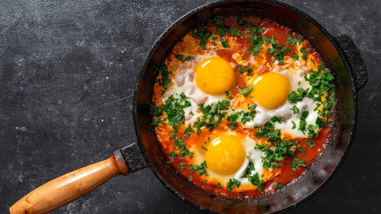 Top-down view of Shakshuka in a cast-iron pan over a gray background