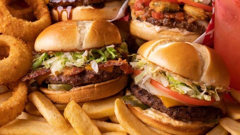 Red Robin Gourmet Burgers with different burgers piled together and surrounded by onion rings and fries