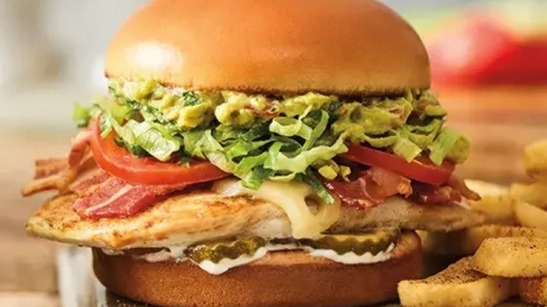 Red Robin California chicken sandwich, with bacon, guacamole, lettuce, and sliced tomato on a grilled chicken breast in a bun