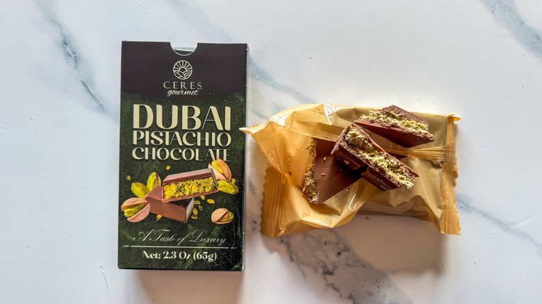 Ceres Gourmet Dubai chocolate on marble surface