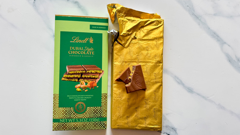 Lindt chocolate bar on marble surface