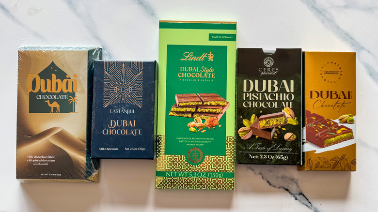 Dubai chocolate bars on marble surface