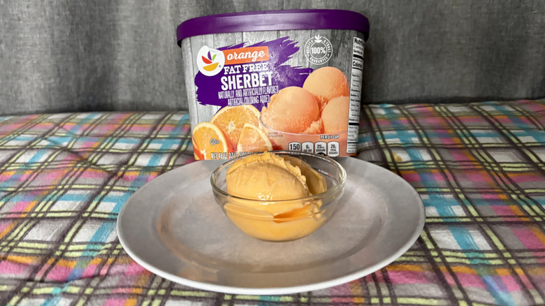 Stop & Shop Fat Free Orange Sherbet container and bowl