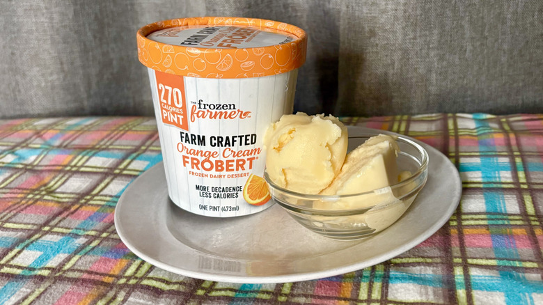Frozen Farmer Orange Cream Frobert Dairy Dessert container and bowl