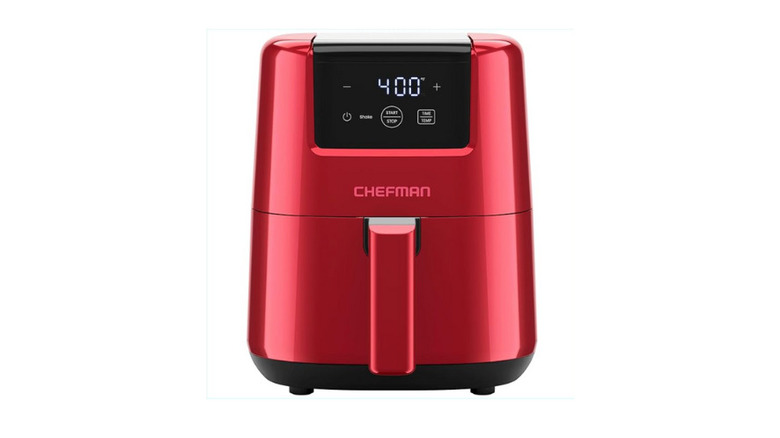Red Chefman Air Fryer on a white background.