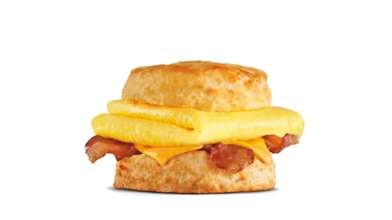 A Hardee's bacon, egg, and cheese breakfast sandwich