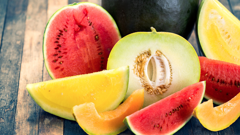 Assortment of colorful cut melons