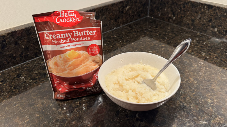 Betty Crocker creamy butter mashed potatoes on counter