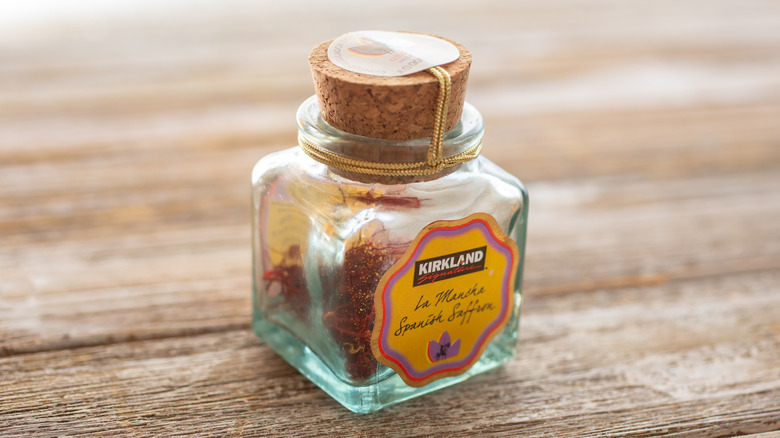 A jar of Kirkland Signature Saffron on table