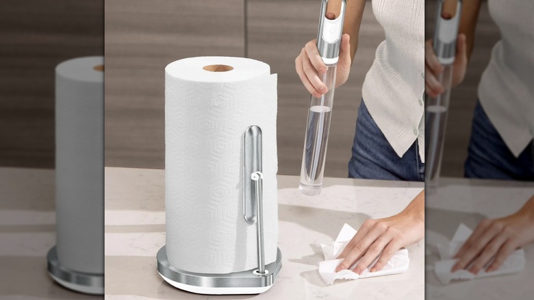 A stainless steel paper towel holder and woman with spray cleaner wiping counter