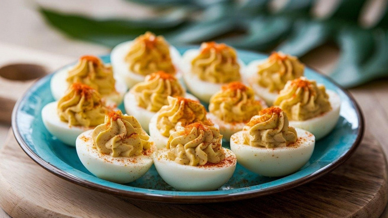 Deviled eggs sprinkled with red paprika on a blue plate.