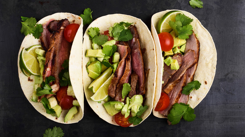Three steak tacos from overhead