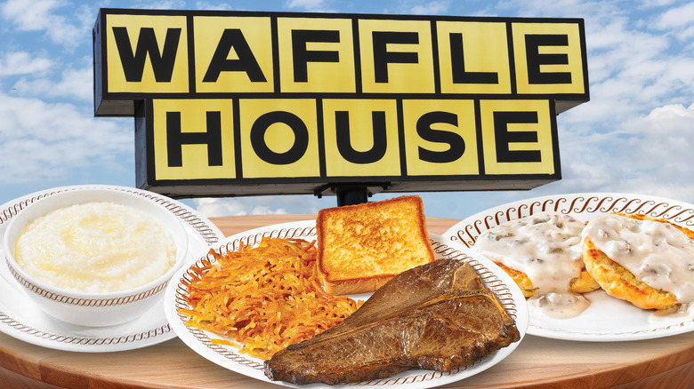 A composite image of waffle house items with the logo on top