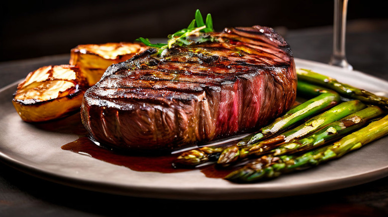 A plate containing grilled steak, asparagus, and potatoes.