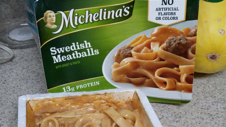 A Michelina's frozen meal sitting on a kitchen counter