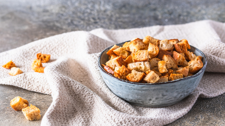 bowl of homemade croutons on counter