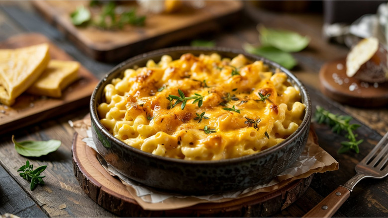 A bowl of macaroni and cheese garnished with sprigs of rosemary