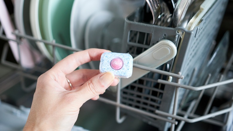 Person holding detergent pack in front of loaded dishwasher
