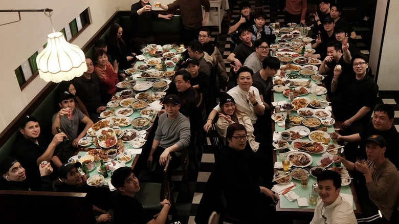 The dining room at Cafe China is seen from overhead.