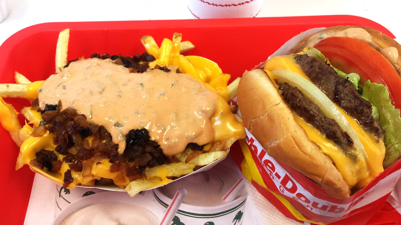 In n out burger and animal style fries on a tray