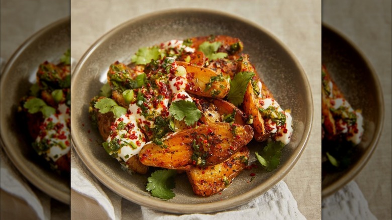 Crispy fingerling potato salad with garlic aioli served on ceramic plate.